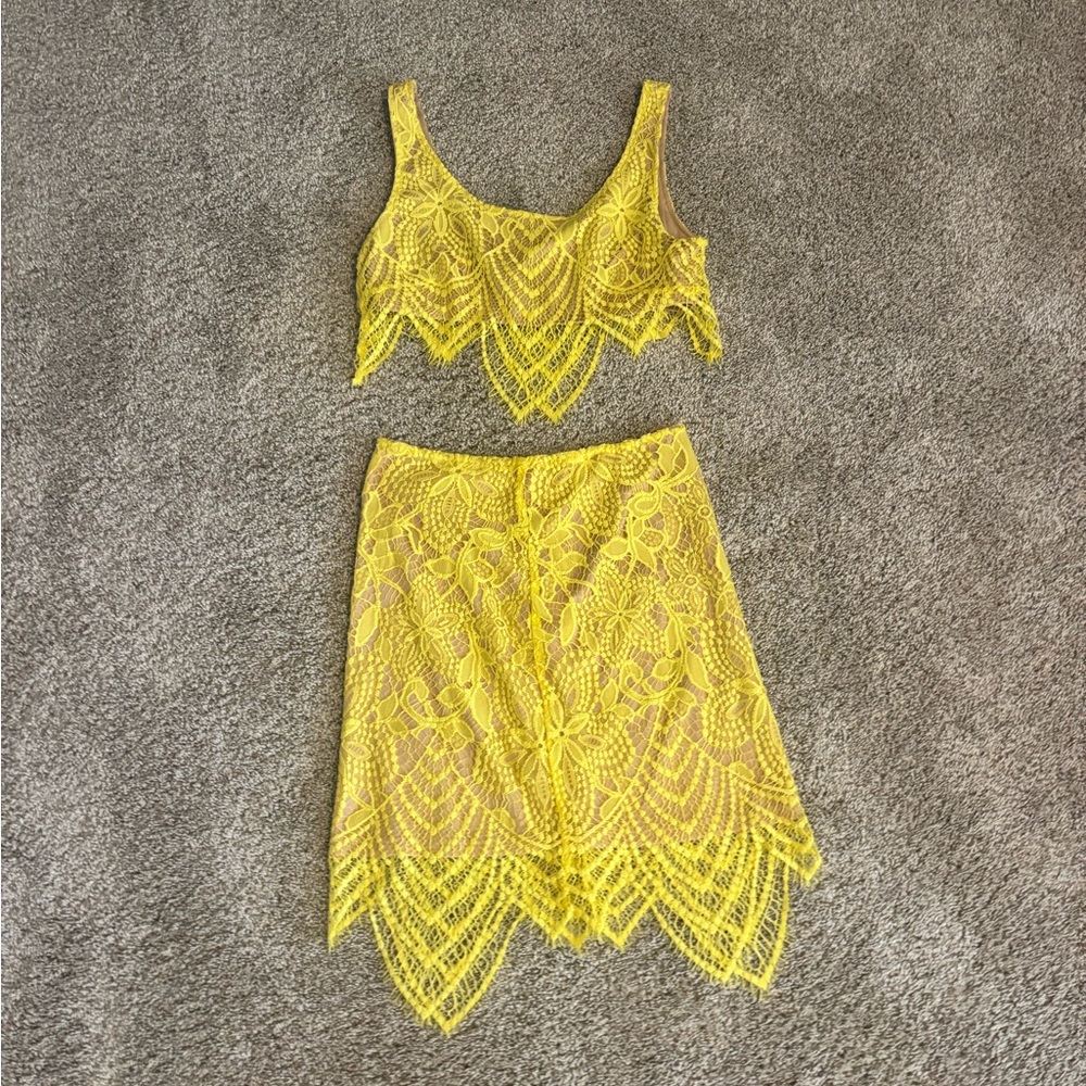 Luxxel Yellow Mini Pencil Skirt Asymmetrical Cocktail 2 Piece Set